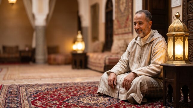 Middle Eastern man praying on a rug with a traditional lamp in a mosque
