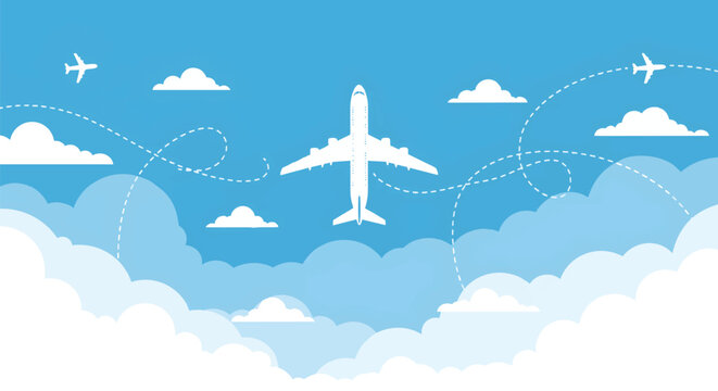 Airplane Flying High in the Sky with Clouds and Contrails.