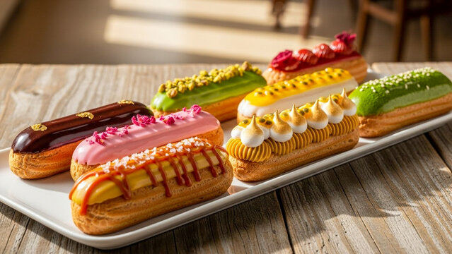 Indulge in a visual feast with a delectable assortment of exquisitely crafted eclairs, each a masterpiece of flavor and artistry, arranged on a pristine platter.