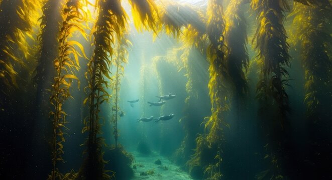 Majestic Underwater Kelp Forest with Sunbeams and Seals Swimming in th