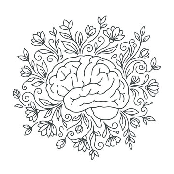 Creative Vector Line Art of Human Brain Surrounded by Growing Plants Leaves and Blooming Flowers Representing Mental Health and Personal Growth