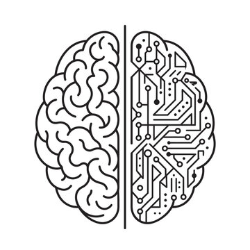 Left and Right Brain Hemispheres Line Icon Displaying Logical Creative Division vs Digital Electronic Circuit Board Technology Concept