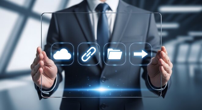 Businessman holding virtual cloud storage icon for data backup solutions