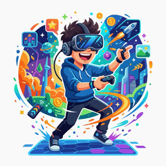Fototapeta premium Boy Playing Virtual Reality Game with Futuristic Cityscape and Space Elements