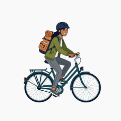 Obraz premium Young woman with backpack cycling on a bicycle wearing a helmet for safety