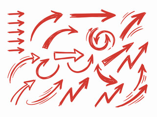 Obraz premium Vector Set of Red Hand Drawn Brushed Arrows Featuring Thick Marker Sketched Pointers and Circular Motion Pointers on White Background