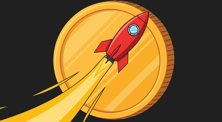 Red Rocket Ship on Gold Coin. © salfuddin