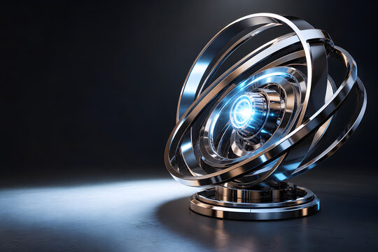 a chrome data hub with concentric rings rotating around a luminous core, dramatic spotlight, no people visible, copy space, rendered in hy