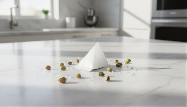 Minimalist white tetrahedral snack packet on a luxurious marble kitchen counter with scattered sea salt and pistachios