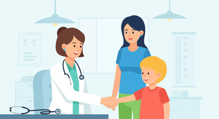 Doctor shaking hands with child patient, mother stands beside, medical consultation © Caryn