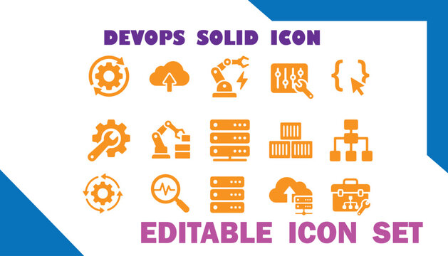 Dev ops solid icons set vector with technology development operations software engineering programming computer database automation robotics settings analysis architecture flowchart