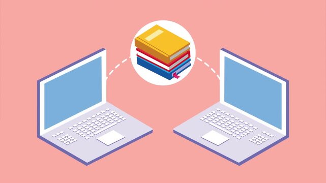 Isometric laptops with books stack sharing knowledge motion graphic animation.