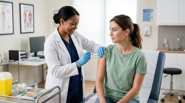 A female doctor is administering a vaccination to a young woman. The doctor, wearing a white coat and blue scrubs, is carefully injecting the patient who is seated in a medical chair.
