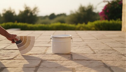 Naklejka premium Minimalist white paint bucket on a sun-drenched stone terrace during an outdoor home project