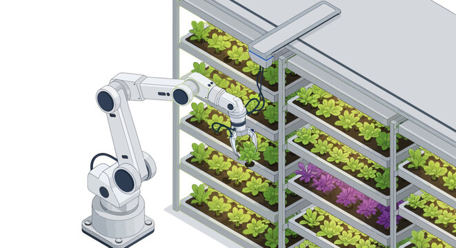 Isometric Vertical Farming System with Robotic Arm and Surveillance Camera Cultivating Leafy Green Plants