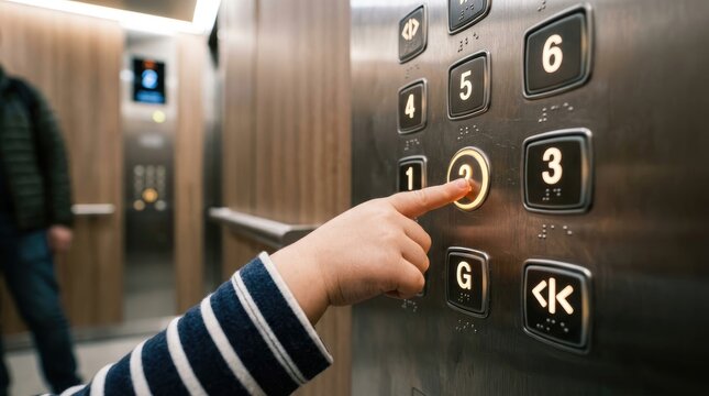 A person with a visible disability presses the number six button on a tactile elevator control panel. The panel is made of brushed metal and features Braille markings.