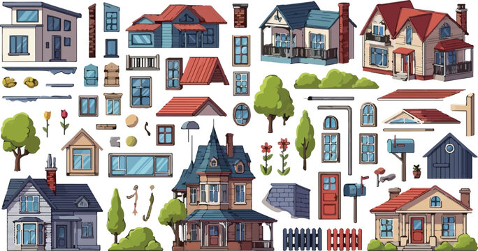 Cartoon suburban house constructor set, residential building architecture elements, modular home vector kit with windows and roofs for game design