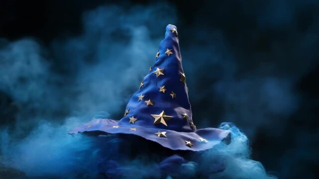Mystical wizard hat with glowing stars amidst swirling blue smoke