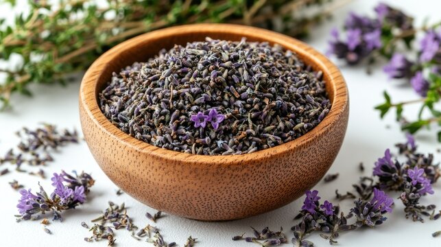 Aromatic dried lavender buds in a wooden bowl, surrounded by fresh thyme sprigs creating a