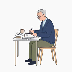 Fototapeta premium Elderly man writing at a desk with a cup of coffee and papers