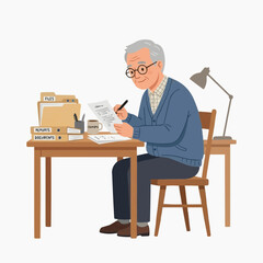 Fototapeta premium Elderly man writing a letter at a desk with files and a lamp