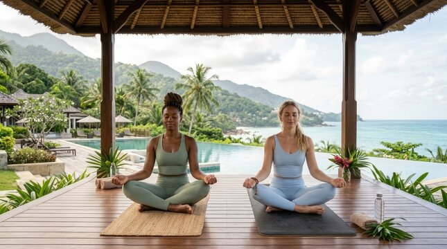 Two women sit in a meditative pose on yoga mats under a thatched roof.
