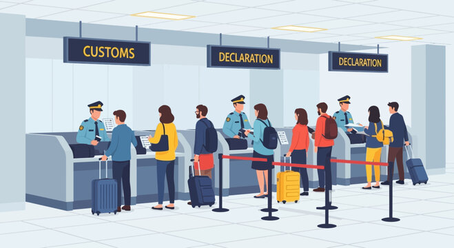 People at airport customs and declaration counters, immigration control, travel security check