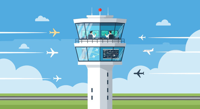 Air Traffic Control Tower with Planes Flying in Blue Sky
