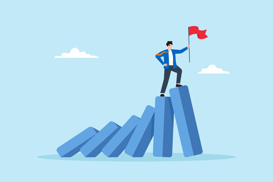 Flat illustration of businessman climbing falling domino blocks with victory flag representing overcoming challenges and business success