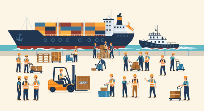 Container Ship Cargo Logistics: Dockworkers and Forklift Unloading Shipping Containers