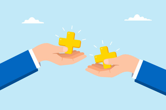 Flat illustration of business hands giving and receiving plus signs representing support collaboration and positive feedback