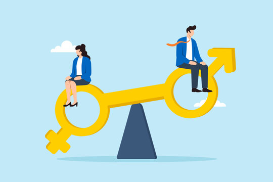Flat illustration of businessman and businesswoman sitting on unequal gender symbol representing workplace inequality and unfair opportunity