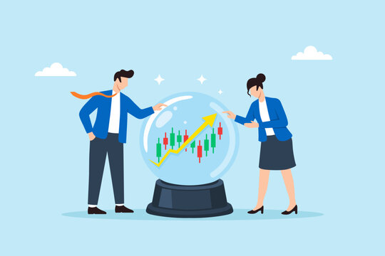 Flat illustration of businessman and businesswoman analyzing crystal ball with candlestick chart representing market forecast and investment analysis