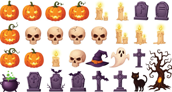Halloween cartoon icon set, spooky jack o lantern pumpkins and skulls collection, cemetery gravestones and witch elements vector illustration