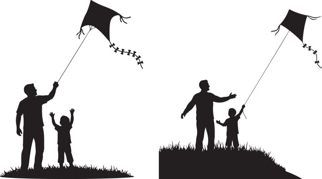Father and son flying kites on a sunny day outdoors