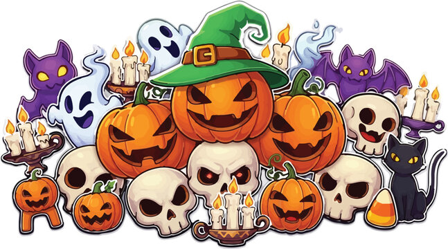 Halloween cartoon character collection with spooky pumpkins and skulls, cute ghost and bat stickers, festive holiday vector illustration for party decor