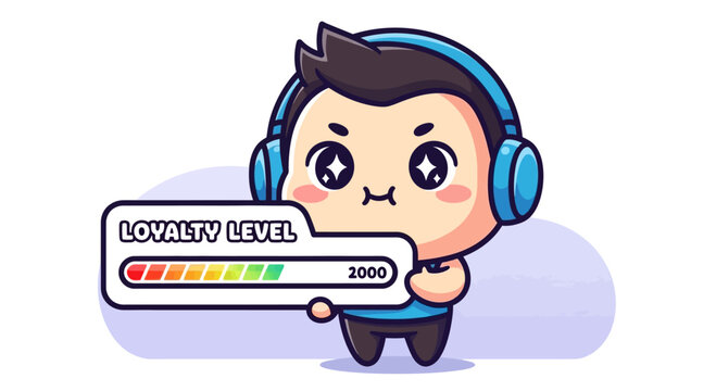 Cute Gamer Boy with Headphones Showing Loyalty Level Bar, Gaming Concept