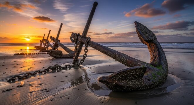 Row of Vintage Rusty Ship Anchors on the Shoreline During a Beautiful