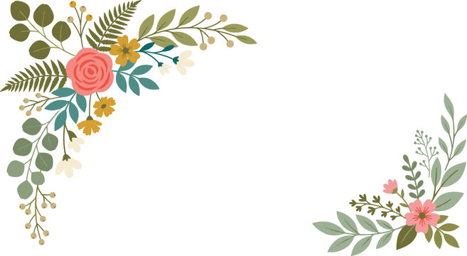 Elegant floral corner frame with pink roses green leaves and wildflowers on white background for wedding invitations and greeting card designs.