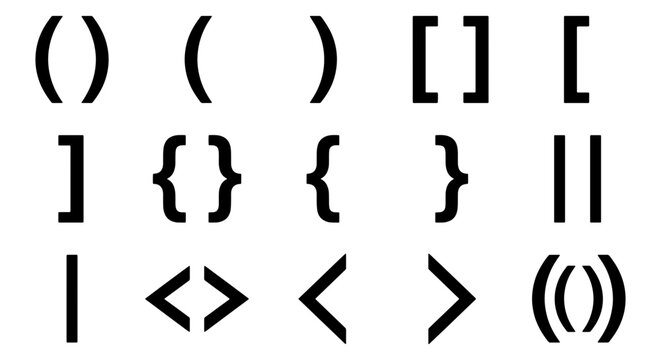Mathematical bracket symbols set, black punctuation marks and parentheses icons, coding syntax elements for web development and education