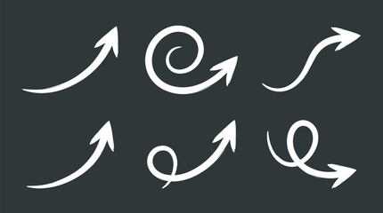 Fototapeta premium Chalk Hand Drawn White Arrow Set with Swirls and Curves Isolated on Dark Gray Background Graphic Design Elements for Presentation and Web Layouts