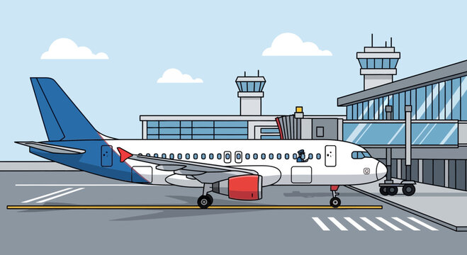 Airplane at airport terminal with jet bridge, illustration