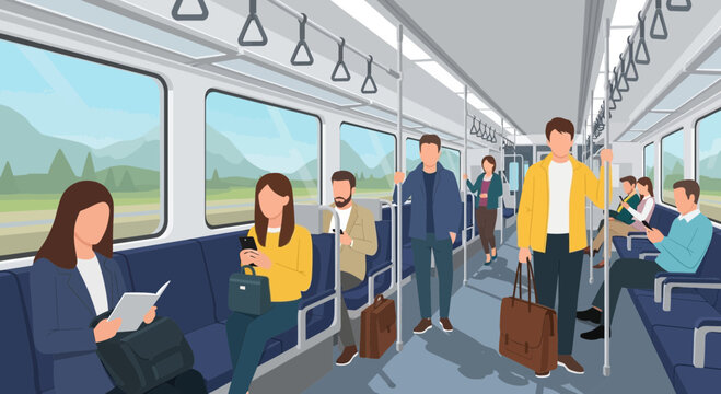 Diverse commuters traveling inside a modern train carriage, seated and standing passengers.