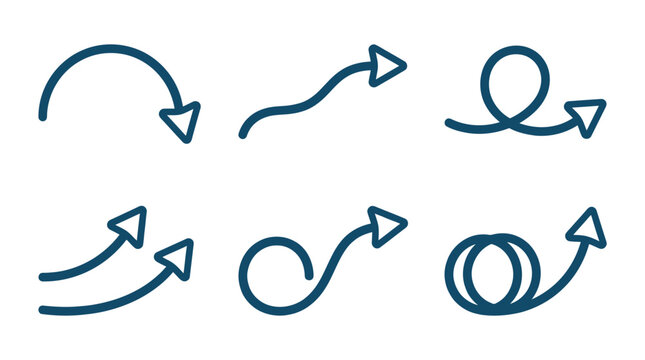 Geometric Blue Outlined Arrows and Parallel Arc Lines Collection Vector Graphics on White Background for Information Architecture and Data Visualization
