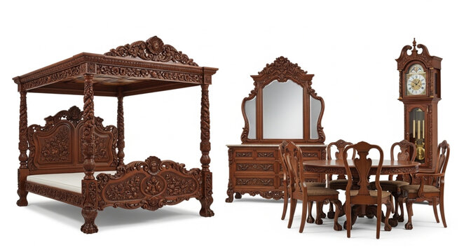 Antique Carved Wood Bedroom Furniture Set and Grandfather Clock.