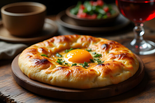 Delicious khachapuri with egg and herbs served on wooden table with salad and drinks
