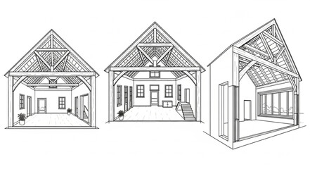 Architectural drawings of a timber frame barn structure. © arjuna davin