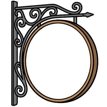 Blank circular shop sign mockup with elegant wrought iron bracket hanging on wall for cafe boutique and restaurant outdoor branding promotion