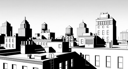 Obraz premium Black and White Cityscape Rooftops with Water Towers.