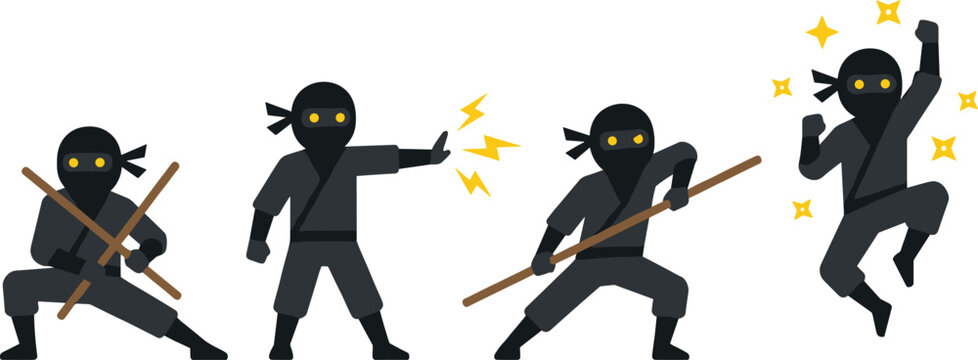 Cartoon Ninja Characters in Dynamic Martial Arts Action Poses with Weapons and Energy Effects for Creative Projects